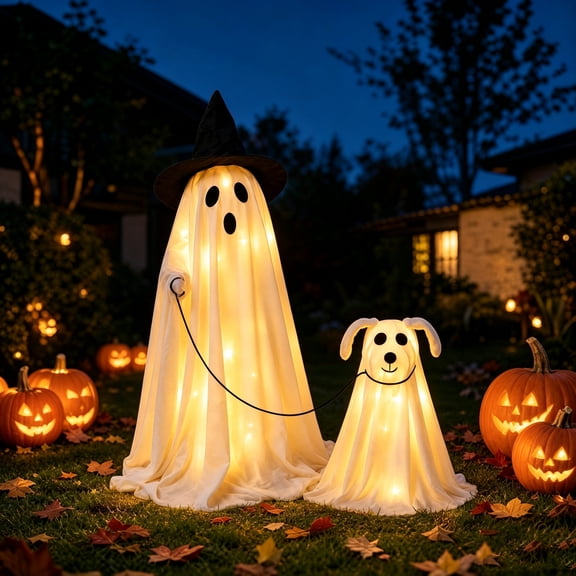 Clearance Outdoor Halloween Decorations 2 Pack Spooky Ghost Dog Light-Up Freestanding Swinging Ghost