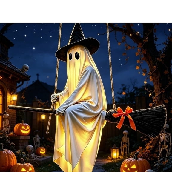Clearance Outdoor Halloween Decorations, 5 Feet Cute Hanging Swing Ghost with Twinkling String Lights - Spooky Funny Ghosts Decor for Front Porch, Garden Yard & Tree