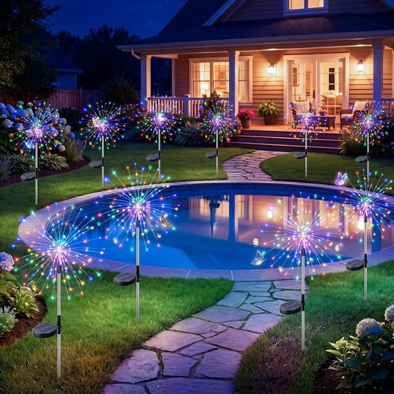 Clearance Outdoor Solar Garden Lights 120 LED Firework Starburst Lights | Waterproof Outdoor Solar Flower Firework Lights, Decor for Yard, Pathway, Patio, Flowerbed Decor, Multicolor 4 Pack