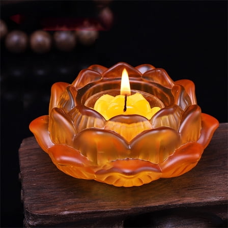 Crystal Lotus Tea Light Holder, Kingtowag Brown Prayer Decorative Candlestick, Colorful Glass Butter Base Lotus Leaf Candle Holder for Romantic Home Decor