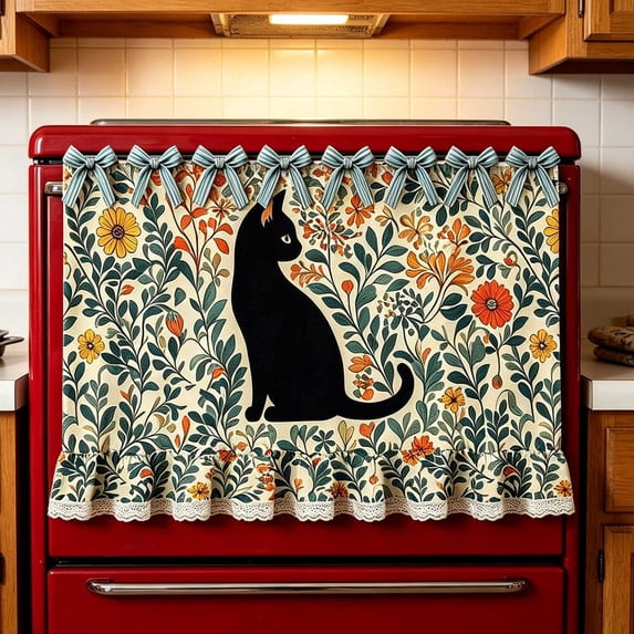 Clearance Oven Curtain for Farmhouse Kitchen Decor Stove Cover Skirt with Lace Ruffle Trim & 8 Ribbon Ties, Rustic Decorative Oven Door Curtain for Kitchen, Dishwasher & Range