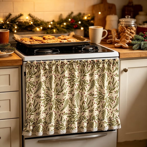 Clearance Oven Skirt for Farmhouse Kitchen Decor Stove Cover Skirt with Lace Trim & Ribbon Ties, Rustic Decorative Oven Door Curtain for Cottage Kitchen Decor