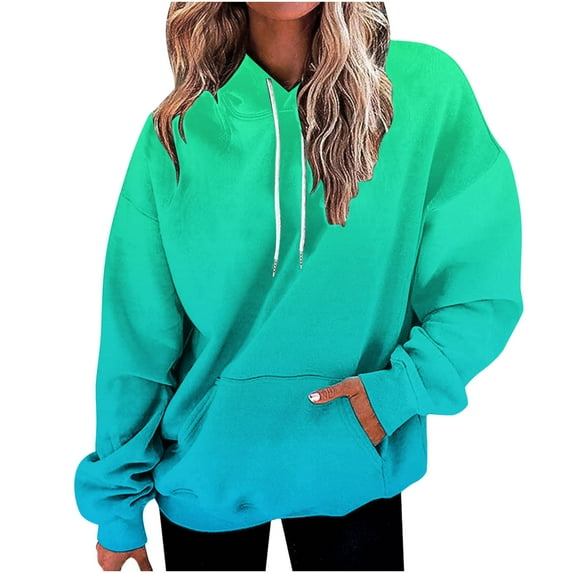 Clearance! Oversized Hoodies for Women Gradation Color Hoodie Long Sleeve Novelty Y2K Hooded Sweatshirt with Pocket Casual Comfy Fall Fashion Outfits Clothes Fleece Streetwear