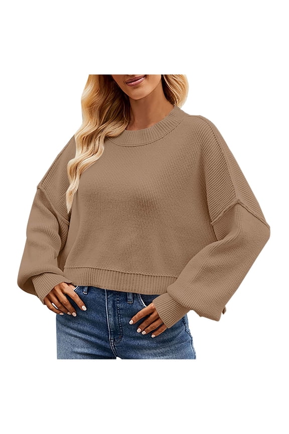 Oversized Short Sweaters for Womens Round Neck Puff Sleeve Drop Shoulder Knit Cropped Tops Solid Loose Midweight Warm Jumpers