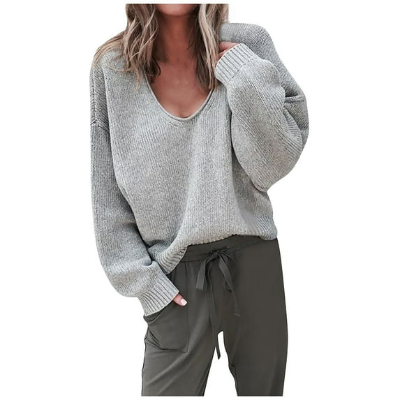 Oversized Sweaters for Women Sexy Deep V Neck Long Sleeve Cable Knit Sweater Loose Pullover Tops Fall Winter Casual Sweater