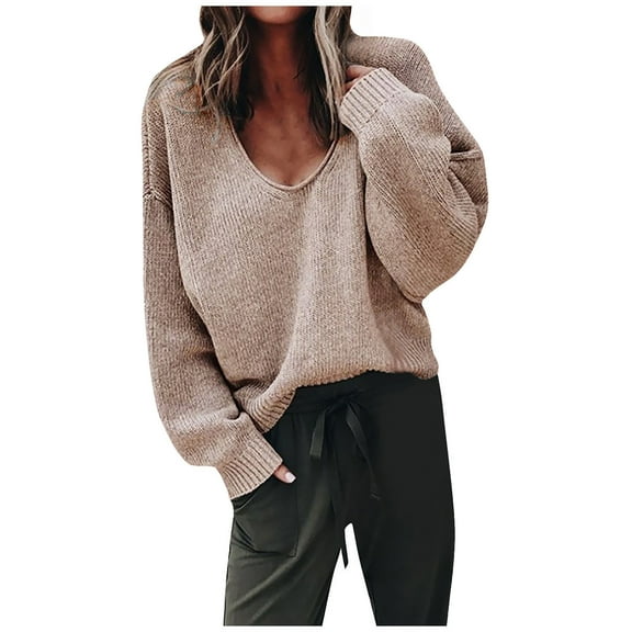 Clearance Oversized Sweaters for Women Sexy Deep V Neck Long Sleeve Cable Knit Sweater Loose Pullover Tops Fall Winter Casual Sweater