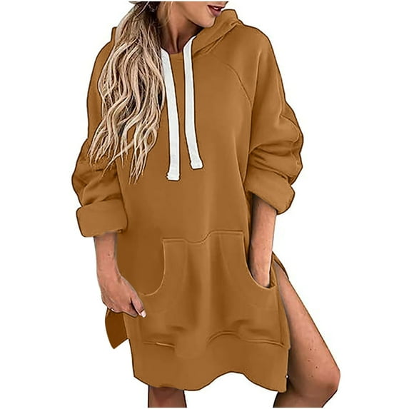 Oversized Women's Hooded Sweatshirt Drawstring Long Sleeve Solid Fleece Pullover Hoodie Dress with Kangaroo Pockets