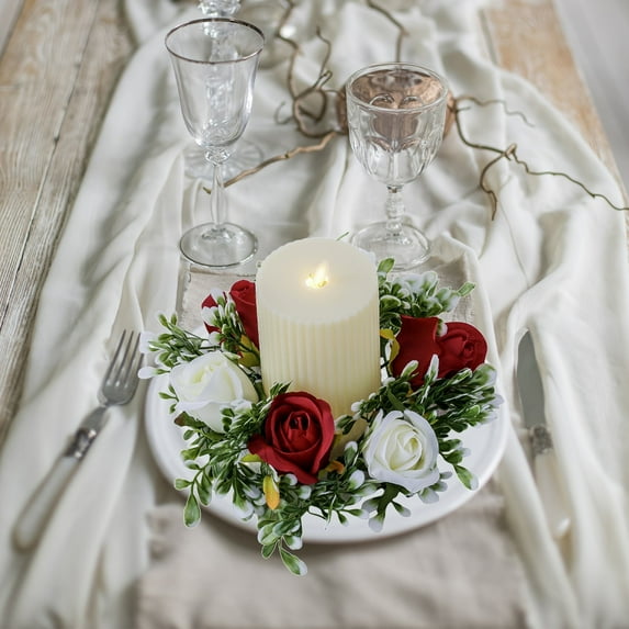 PEONAVET Rose Candle Wreath Artificial Silk Flower Ring Leaf Candle Wreath Wedding Valentine Day Party Table Candlestick Decorations