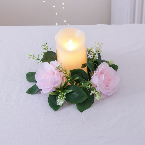 PEONAVET Rose Candle Wreath Artificial Silk Flower Ring Leaf Candle Wreath Wedding Valentine Day Party Table Candlestick Decorations