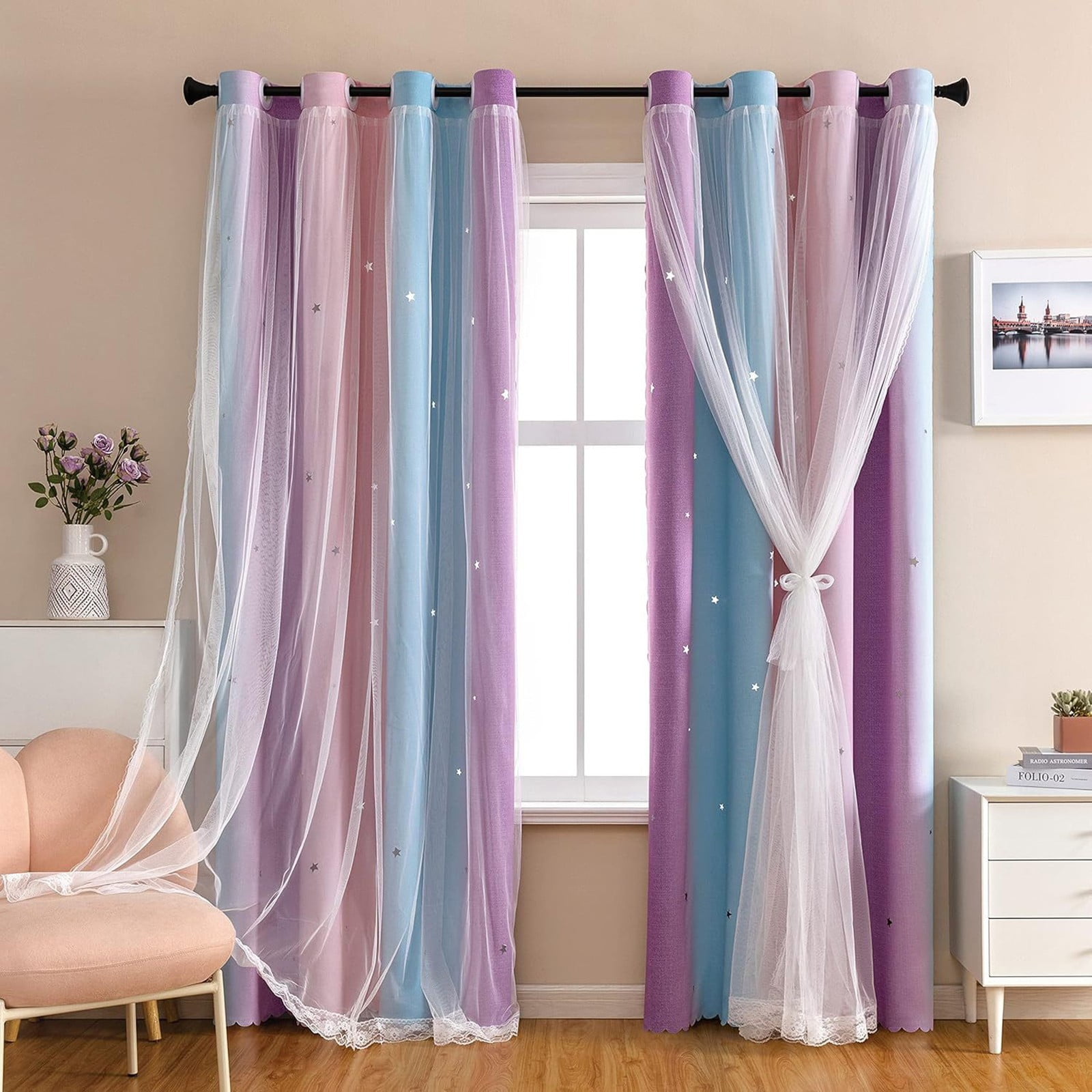 Panels Gradient Curtains Draperies for Kids Girls Bedroom Living Room Double Window Curtains Thermal Insulated