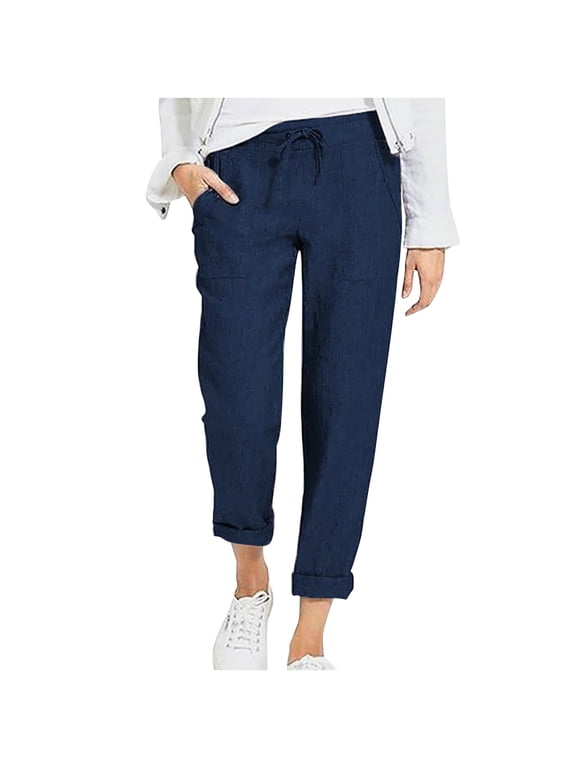 Pant for Women Women's Solid Color Drawstring High Waist Pocket Loose Large Size Cotton Casual Pants Palazzo Pants for Women Wide Leg Pants Women