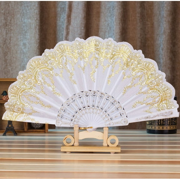 Clearance Paper Fans set under $1,Chinese Style Dance Wedding Party Lace Silk Folding Hand Held Flower Fan White