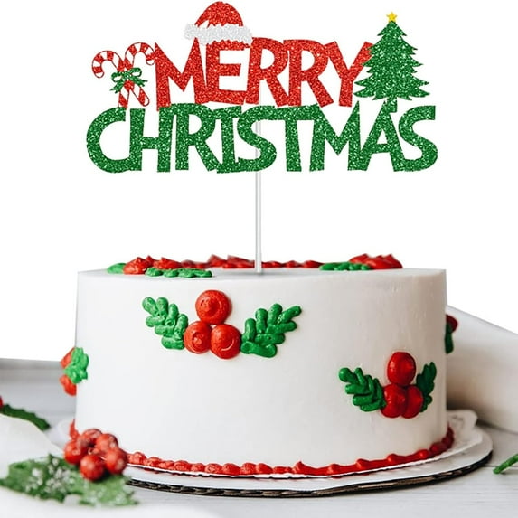 Clearance Party Toppers under $1,Merry Christmas Birthday Cake Topper Christmas Cake Decoration Red & Green Glitter Christmas Cake Decorations Glittery Xmas Themed Kids Adults Birthday Decorati
