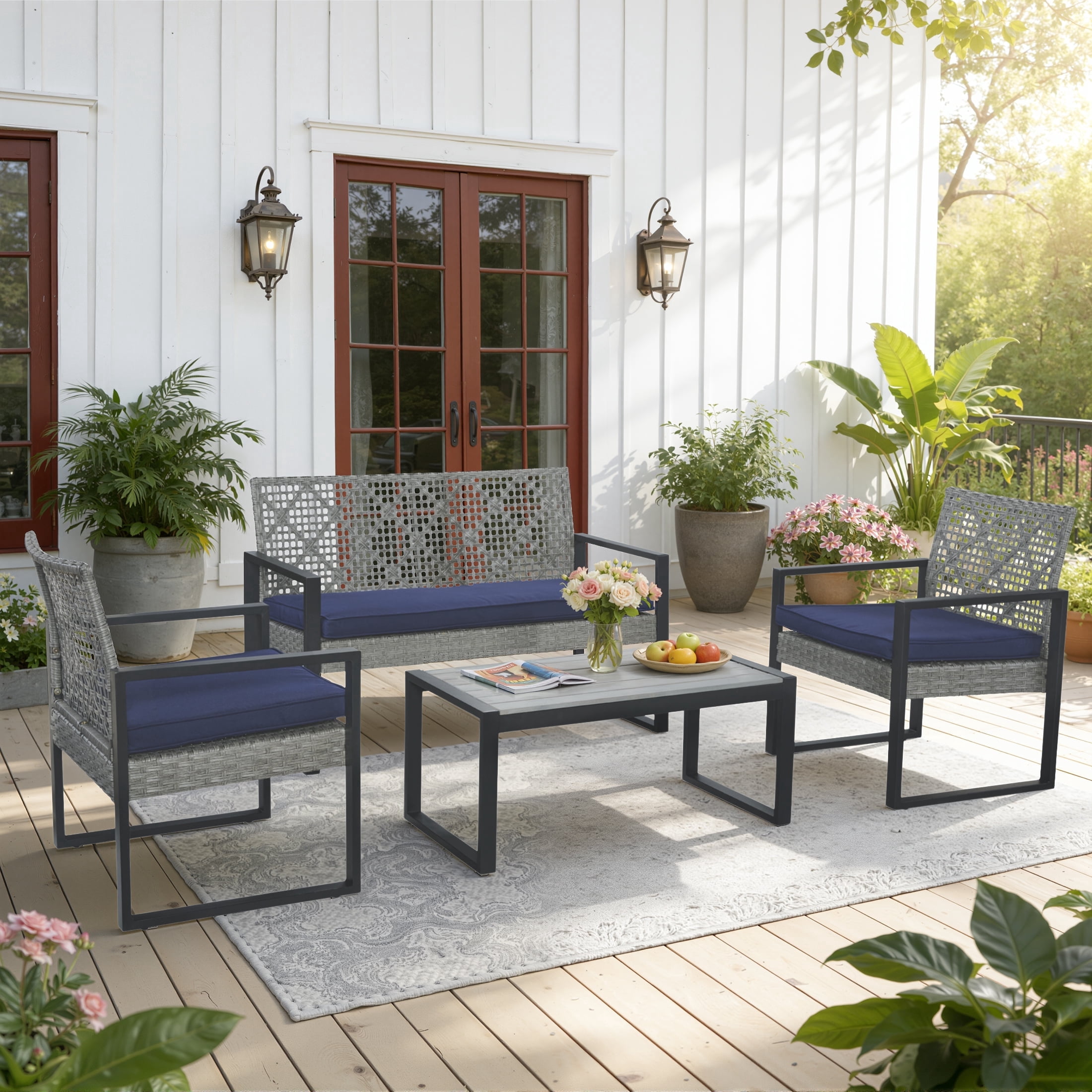 Clearance! Patio Conversation Set for 4, All-weather Outdoor Rattan Furniture Set, Wicker Sectional Patio Table and Chairs Set for Porch Backyard Balcony, Navy Cushions