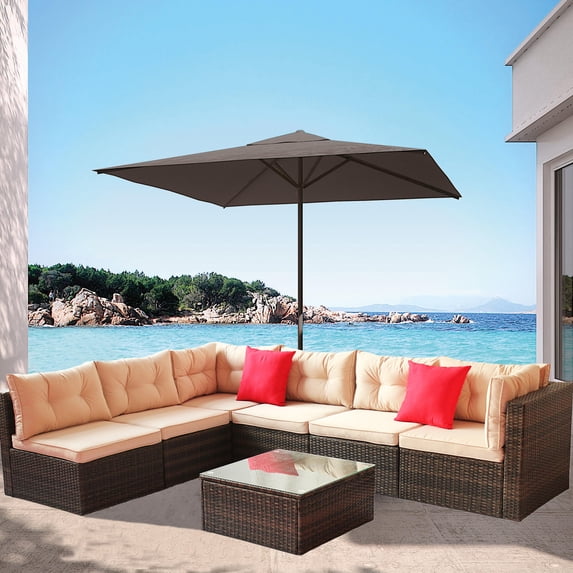 Clearance! Patio Outdoor Furniture Sets, 7 Pieces All-Weather Rattan Sectional Sofa with Tea Table and Cushions, PE Rattan Wicker Sofa Couch Conversation Set for Garden Backyard Poolside, B4287
