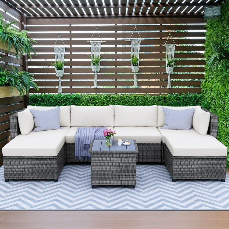 Clearance Patio Outdoor Furniture Sets 7 Pieces All Weather Rattan Sectional Sofa with Tea Table and Cushions PE Rattan Wicker Sofa Couch
