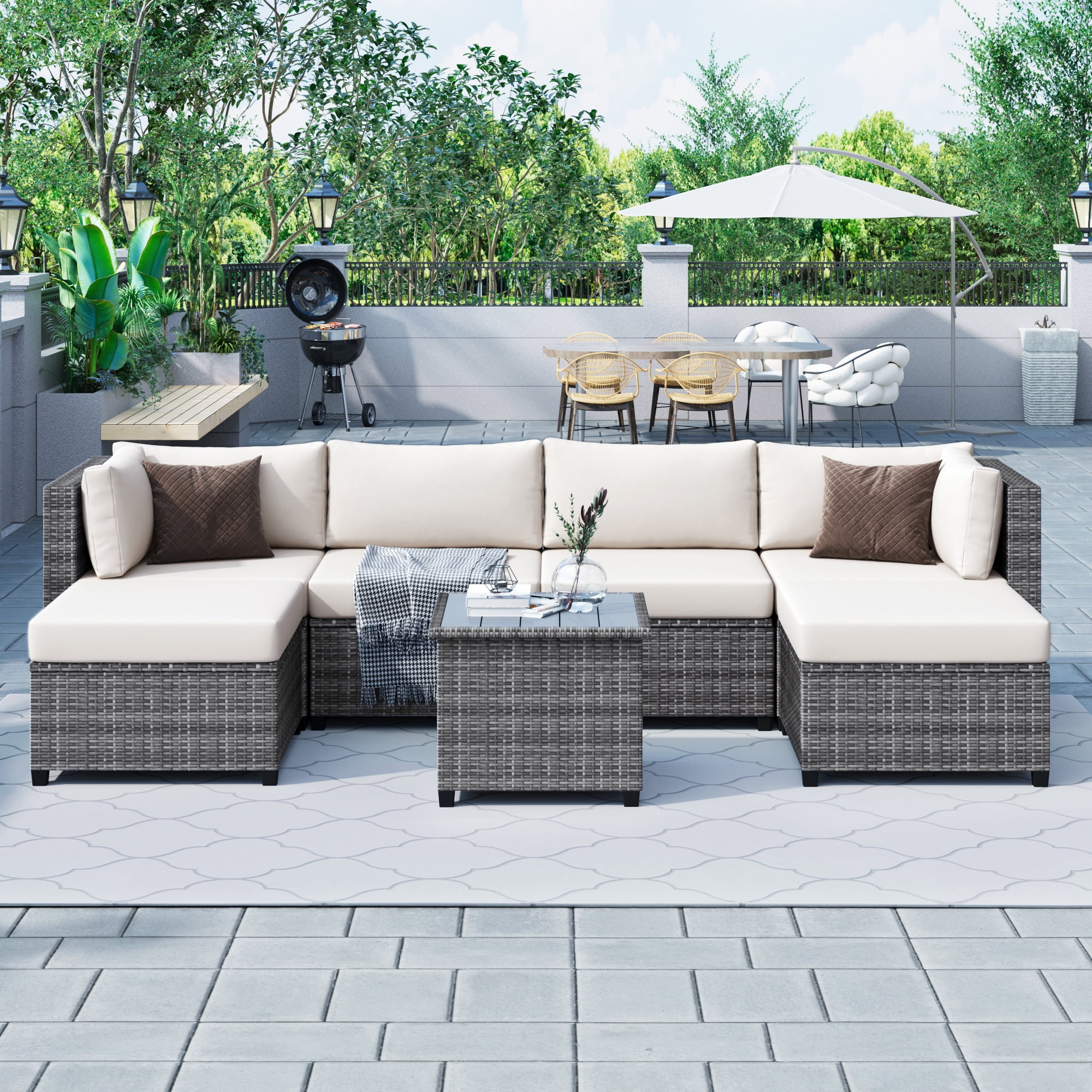 Clearance! Patio Outdoor Furniture Sets, 7 Pieces All-Weather Rattan  Sectional Sofa with Tea Table and Cushions, PE Rattan Wicker Sofa Couch  Conversation Set for Garden Backyard Poolside, B4287 