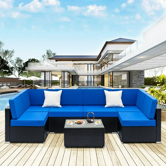 Clearance! Patio Outdoor Furniture Sets, 7 Pieces All-Weather Rattan Sectional Sofa with Tea Table, Cushions & Pillow, PE Rattan Wicker Sofa Couch Conversation Set for Garden Backyard Poolside, B220
