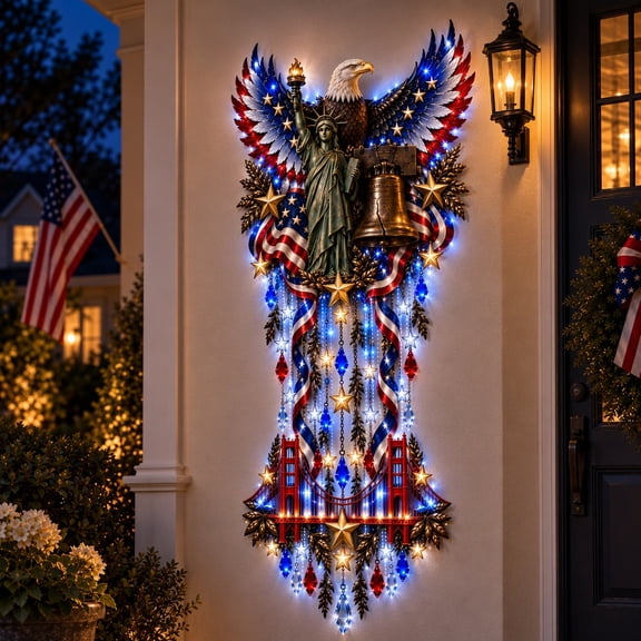 Hotyverty Patriotic Christmas Wall Decor, 23.6" Wooden Statue of Liberty Eagle LED Lighted Wall Hanging for Living Room