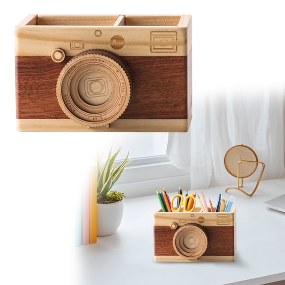Clearance Pencil Barrel under $10,Pencil Holder Camera Shaped Concise Wood Especial Pen Container For