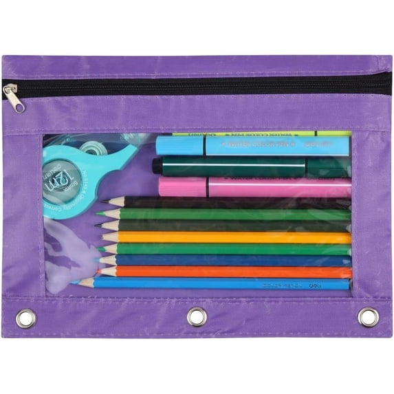 Pencil Pouch for 3 Ring Binder, Binder Pencil Case with Smooth Zipper, Clear Window Pencil Case for Binder, Big Capacity 3 Ring Binder Pencil Bag with 3 Reinforced Grommets, Purple, 1-Pack