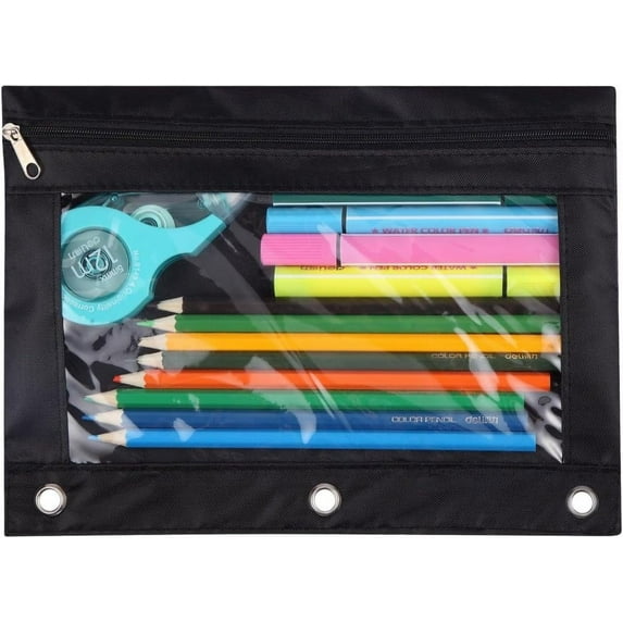 Pencil Pouch for 3 Ring Binder, Binder Pencil Case with Smooth Zipper, Clear Window Pencil Case for Binder, Big Capacity 3 Ring Binder Pencil Bag with 3 Reinforced Grommets, Black, 1-Pack