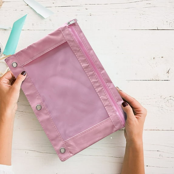 Pencil Pouch for 3 Ring Binder, Binder Pencil Case with Smooth Zipper, Clear Window Pencil Case for Binder, Big Capacity 3 Ring Binder Pencil Bag with 3 Reinforced Grommets, Pink, 1-Pack