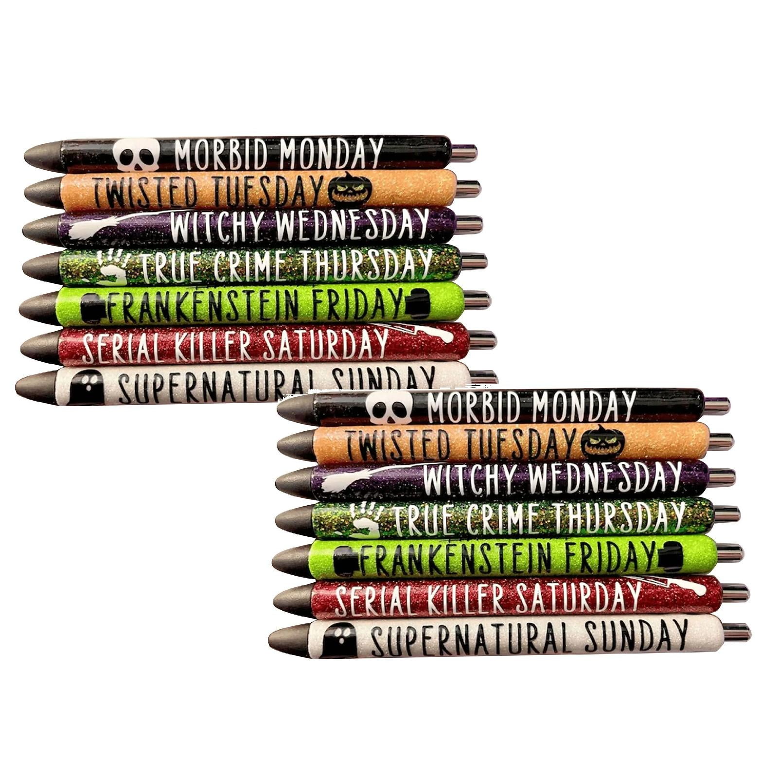 Clearance Pencil curler under $20,7PCS Funny Pens Halloween Weekday Glitter Pen Set True Crim Witchy Office Decor Halloween Pens Supernatura L Frankensteine Days Of The Week Pens Funny Office Gi
