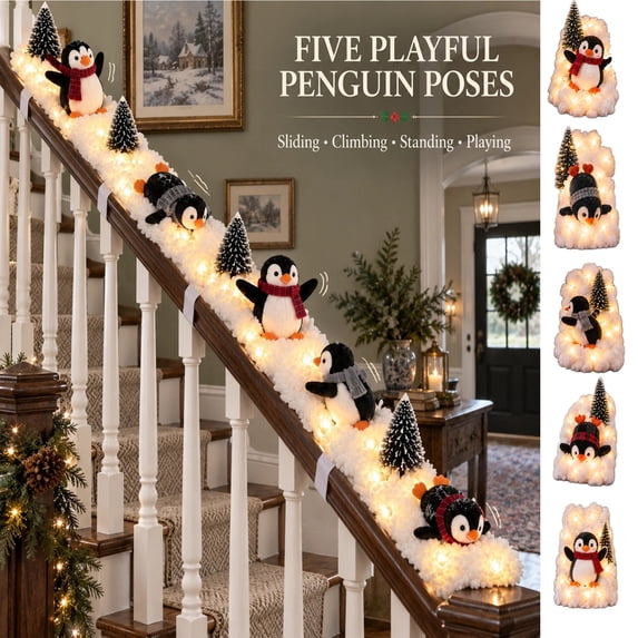 Library Ladder Railing Clearance!Penguin Christmas Stair Snow Decor, Penguin Christmas ...