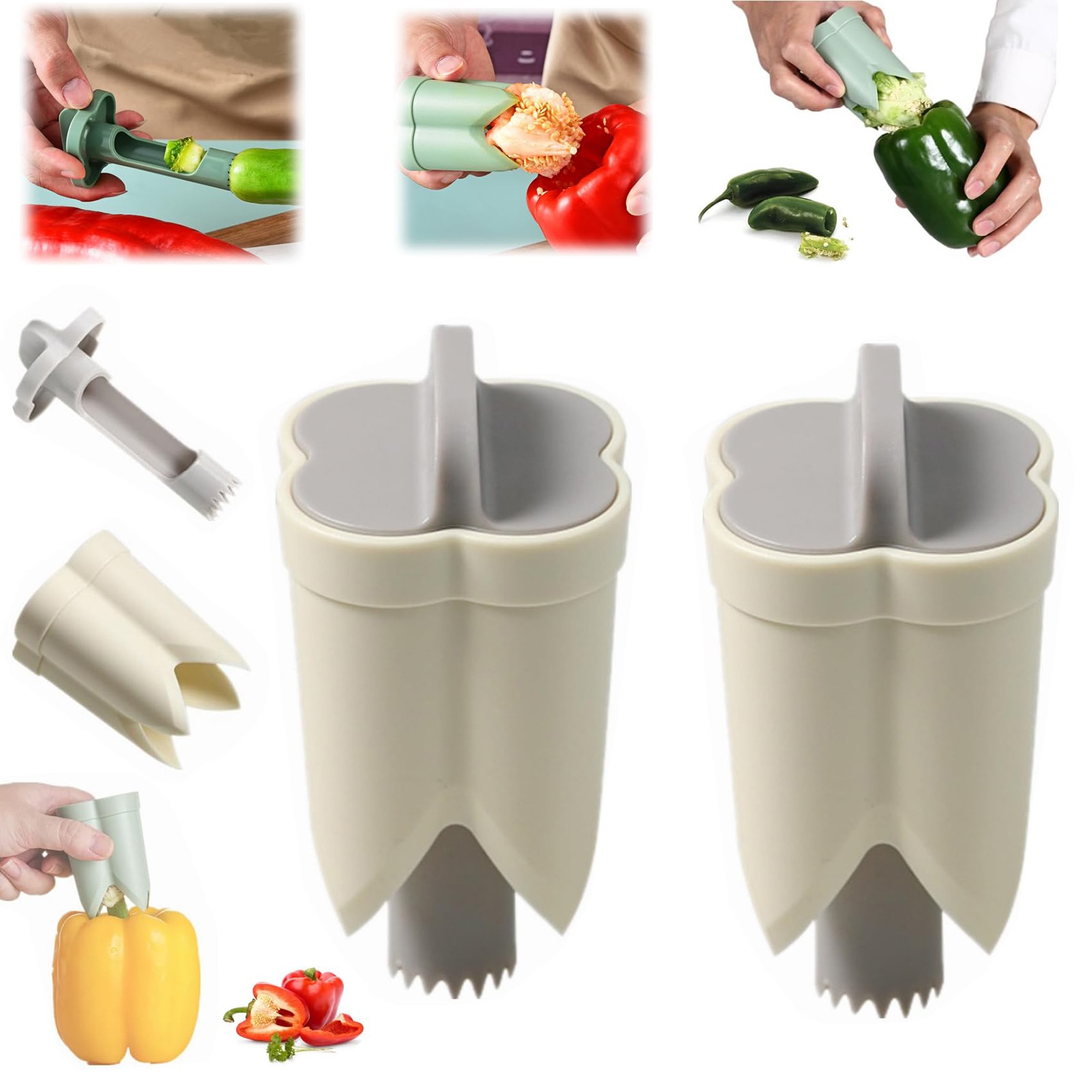 Clearance！ Pepper Seed Corer Remover 2024 New 2 In 1 Bell Pepper Cutter Pepper Porer Seed