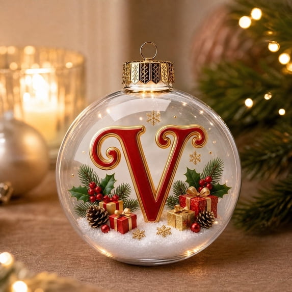 Clearance! Personalized 26 Letters Christmas Ornaments Ball, Light‑Up Clear Acrylic Hanging Bauble for Christmas Decorations Indoor, Custom Alphabet Xmas Tree Pendant for Holiday Home Decor Gift, V