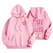 OUSVTION Clearance Pink Palm Puff Hoodies Women's Fall Fashion Hooded Cute Preppy Sweatshirt for Juniors Teens Oversized Graphic Long Sleeve Drawstring Pullover Fleece Sweatshirts with Pocket