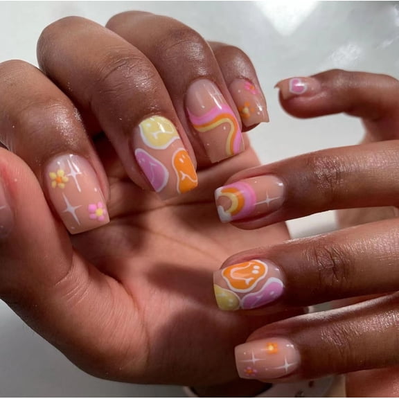 [Clearance] Pink love starlight wearing armor splicing wavy lines smiley face fake nails nail art wholesale