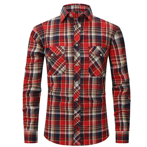 Clearance Plaid Shirt for Men Men's Causal Flannel Plaid Long Sleeve Shirts Button Up Slim-fit Basic Work Shirts