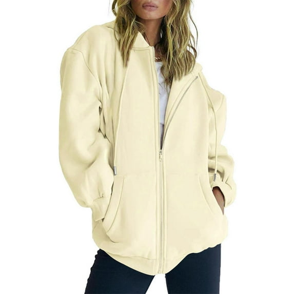 2025 Plus Size Coat,Women's Fall Jacket Oversized Pocket Sweatshirt Casual Drawstring Clothing Zipper Track Jacket Solid Color Long Sleeve Hooded Top