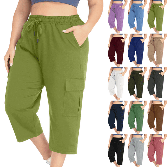 Plus Size Pants for Woman Ankle Pants Solid Color Elastic Waist Pockets Cropped Pants Summer Breathable 9/10 Cargo Pants Beach Fashi Casual Daily Wear L-5XL