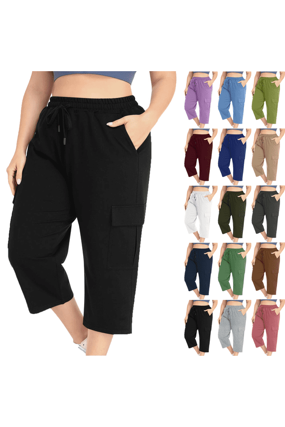 Plus Size Pants for Woman Ankle Pants Solid Color Elastic Waist Pockets Cropped Pants Summer Breathable 9/10 Cargo Pants Beach Fashi Casual Daily Wear L-5XL