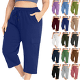 thumbnail image 1 of Plus Size Pants for Woman Ankle Pants Solid Color Elastic Waist Pockets Cropped Pants Summer Breathable 9/10 Cargo Pants Beach Fashion Casual Daily Wear L-5XL, 1 of 9