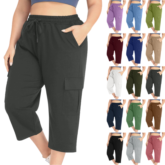 Plus Size Pants for Woman Ankle Pants Solid Color Elastic Waist Pockets Cropped Pants Summer Breathable 9/10 Cargo Pants Beach Fashi Casual Daily Wear L-5XL