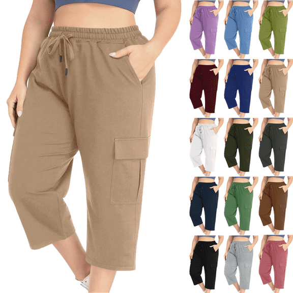 Plus Size Pants for Woman Ankle Pants Solid Color Elastic Waist Pockets Cropped Pants Summer Breathable 9/10 Cargo Pants Beach Fashi Casual Daily Wear L-5XL