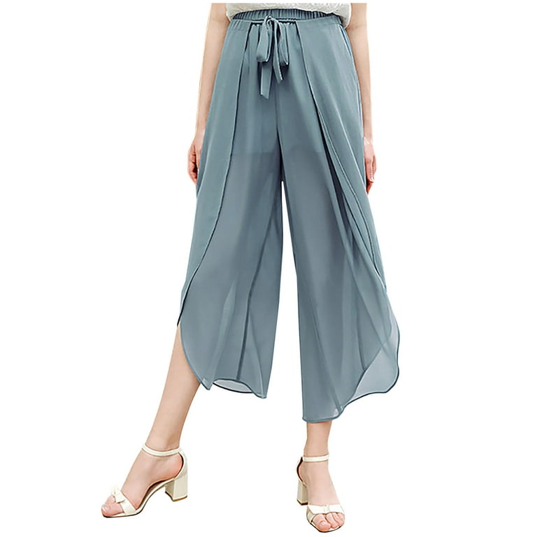 Clearance Plus Size Slim Fit Fashion Women Solid Buttons Cotton And Linen  Casual Loose Trouser Wide Leg Pants Light Blue XL 