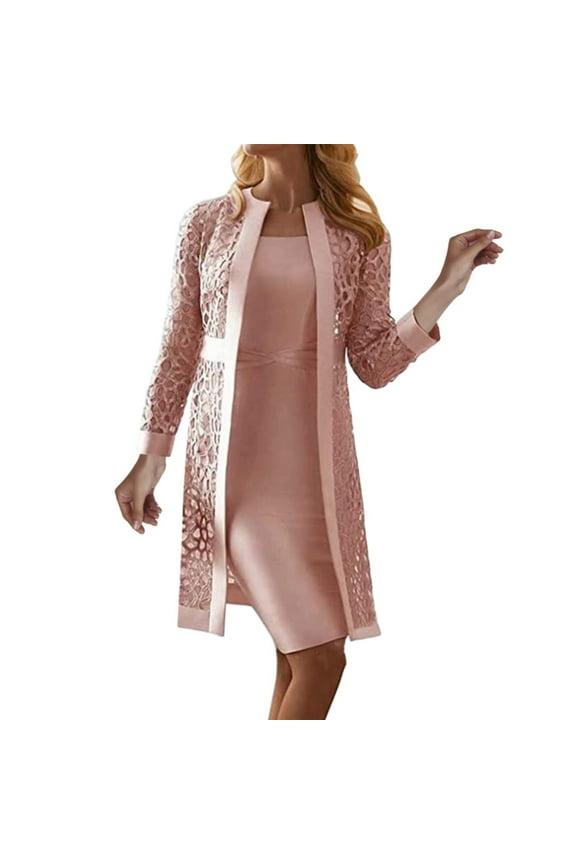 Clothing Plus Size Tops,Women's 2026 New Lace Cardigan Solid Color Dress Jacket Two Piece Set