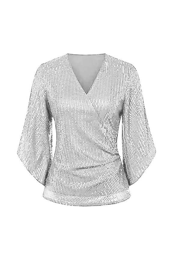 Clothing Plus Size Tops,Womens Sequin Tops 3/4 Sleeve Glitter Sparkly Party Blouse V Neck Dressy Tops For Evening Party