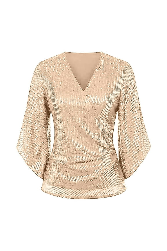 Clothing Plus Size Tops,Womens Sequin Tops 3/4 Sleeve Glitter Sparkly Party Blouse V Neck Dressy Tops For Evening Party