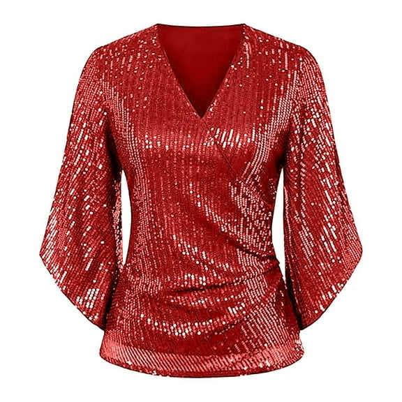 Clothing Plus Size Tops,Womens Sequin Tops 3/4 Sleeve Glitter Sparkly Party Blouse V Neck Dressy Tops For Evening Party