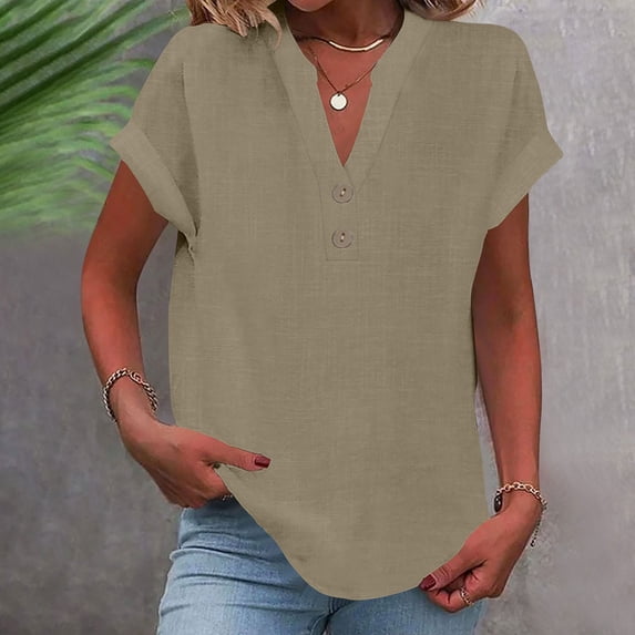 Plus Size Tops for Women Horkkom Solid Color Short Sleeve Linen Shirts Summer Loose Pullover Button Down Shirt Brown 2XL