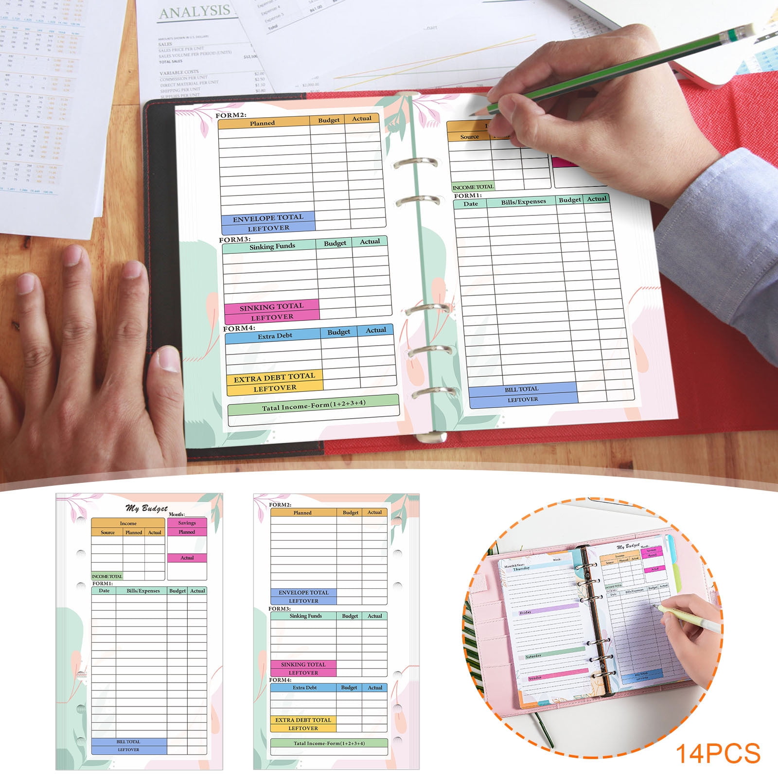 60-Piece A6 Budget Sheets - 6-Hole Expense Tracker Inserts For Budget Binder, Pink, Double-Sided