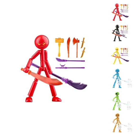 Clearance Posable Action Figures - 4.7" Stickman Collectable Action Figures Set with 8 Handheld Item, Stop Motion Figure for Collectors, Desk Birthday Gift for Kiddo Adult (Red)