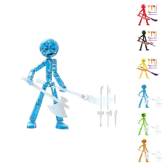 Clearance Posable Action Figures - 4.7" Stickman Collectable Action Figures Set with 8 Handheld Item, Stop Motion Figure for Collectors, Desk Birthday Gift for Kiddo Adult (Blue - Glow-in-Dark)