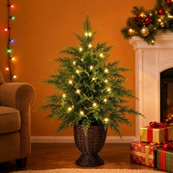 Clearance! Potted Artificial Christmas Tree 4 Ft, Pre-Lit Christmas Trees with Lights, Artificial Christmas Trees for Entryway Living Room